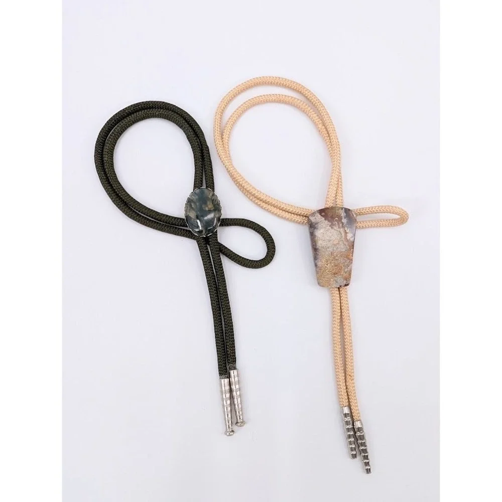 Lot of 2 Vintage Bolo Tie Green‎ and Tan Natural Stone Western Necktie Festival